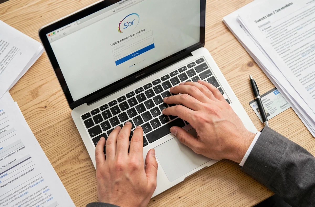Gros plan sur les mains d'un étudiant se connectant à la plateforme Cristolink UPEC depuis un ordinateur portable posé sur un bureau avec des notes de cours