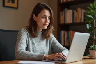 Femme se connectant au portail académique Id ac Versailles fr depuis son bureau à domicile