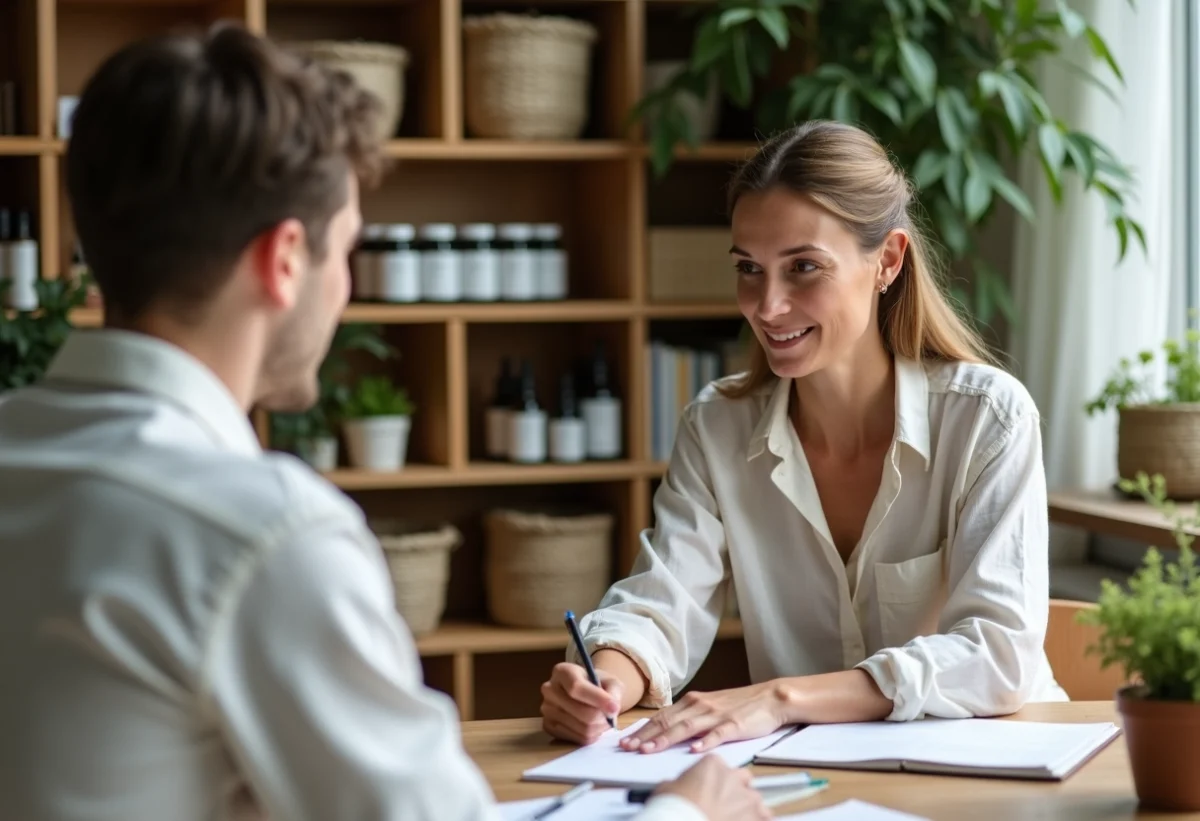 Femme et jeune homme en consultation dans un bureau naturel