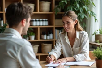 Femme et jeune homme en consultation dans un bureau naturel