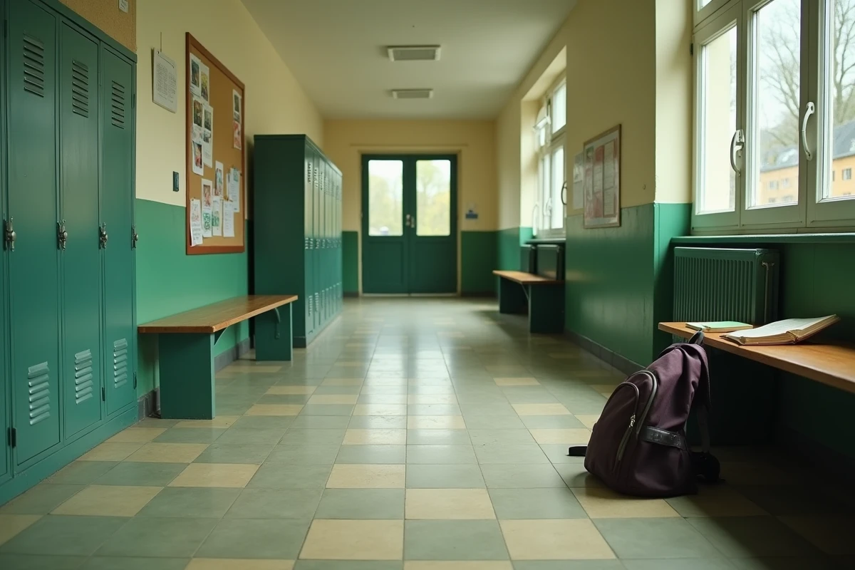 Couloir vide d'un collège français avec casiers métalliques et tableau d'affichage, ambiance nostalgique scolaire