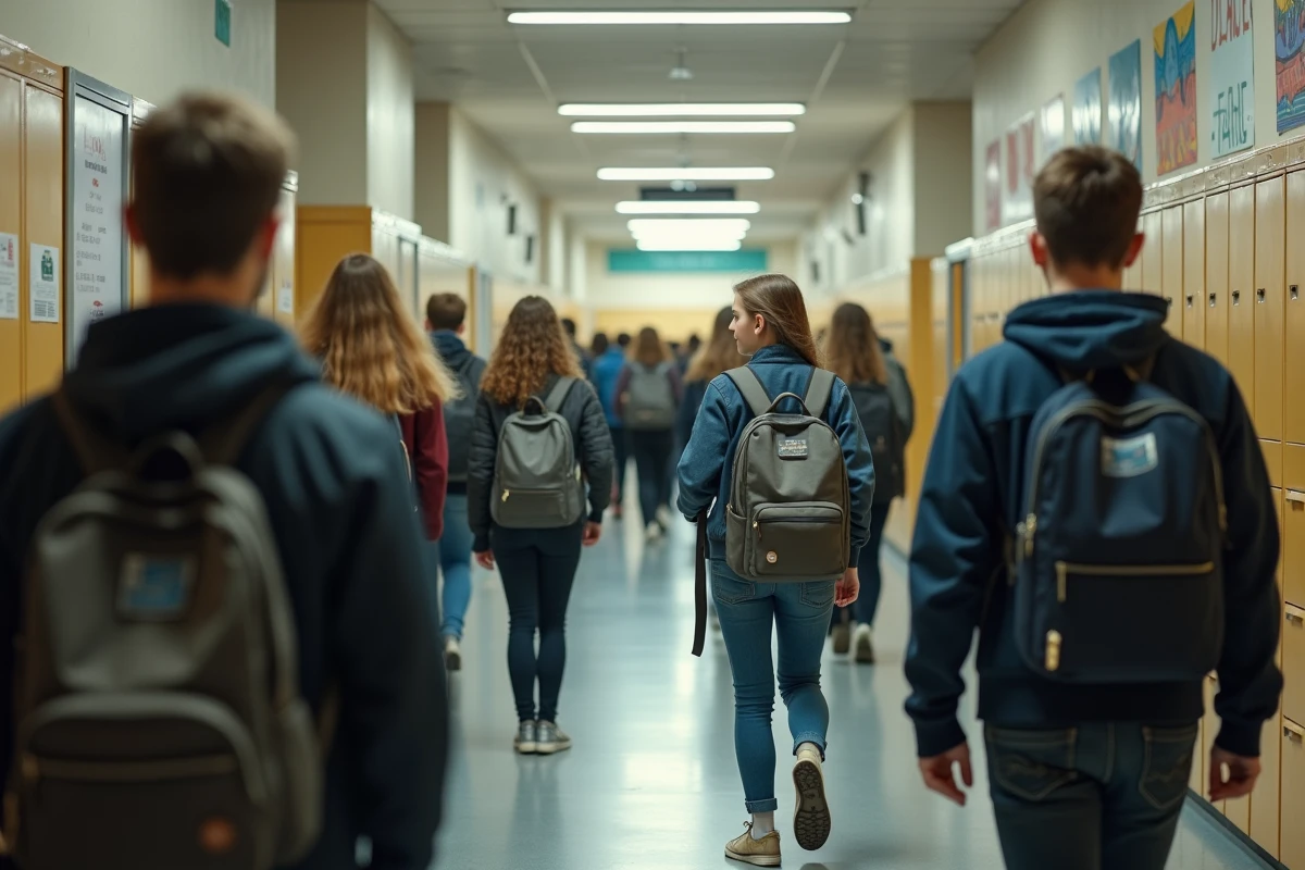 Couloir animé d'un grand lycée français lors d'une intercours, élèves en tenue décontractée avec sacs à dos