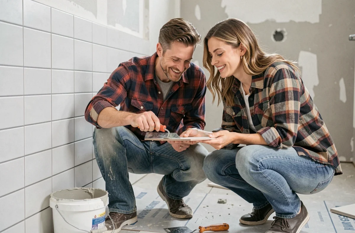 Couple posant du carrelage ensemble dans leur salle de bain lors d'une rénovation maison en autonomie