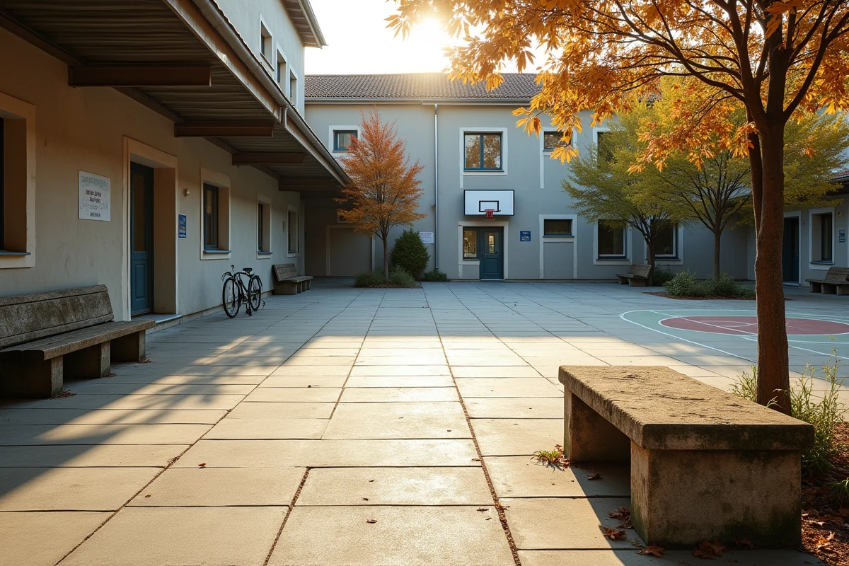 Cour de récréation d'un collège français en automne avec panier de basket et bancs en pierre usés
