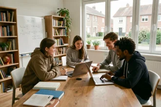 Groupe d'élèves du Val-d'Oise bénéficiant de cours particuliers avec un professeur autour d'une table