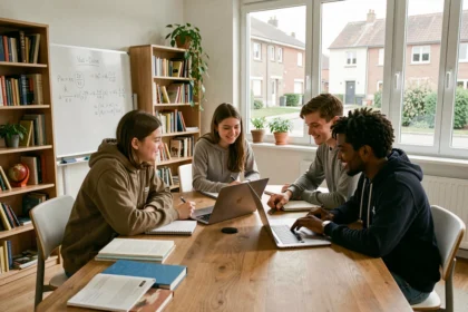 Groupe d'élèves du Val-d'Oise bénéficiant de cours particuliers avec un professeur autour d'une table