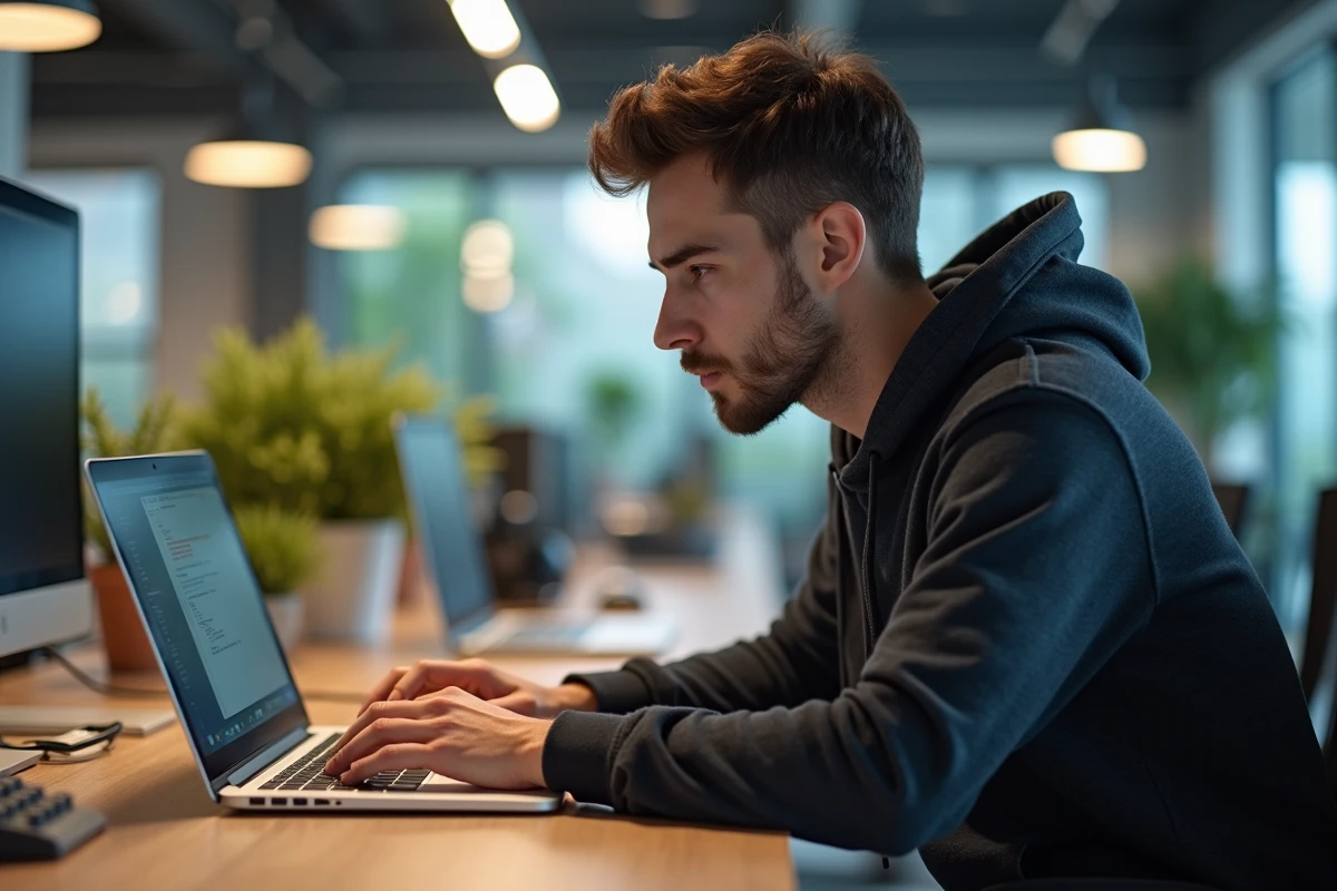 Jeune développeur web concentré sur son ordinateur dans un bureau moderne