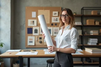 Jeune diplômée en design tenant un plan architectural dans un studio créatif moderne avec moodboard et prototypes