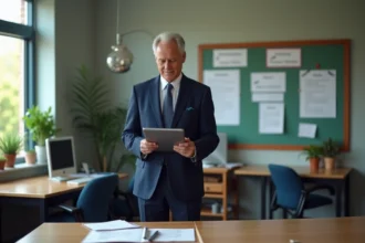 Principal d'école en costume navy dans un bureau moderne