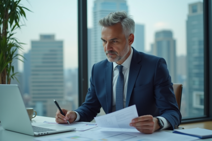 Directeur financier en costume navy dans un bureau moderne