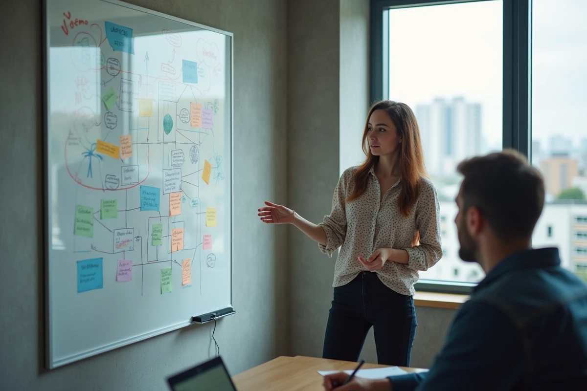 Femme discutant avec un collègue devant un tableau blanc en réunion