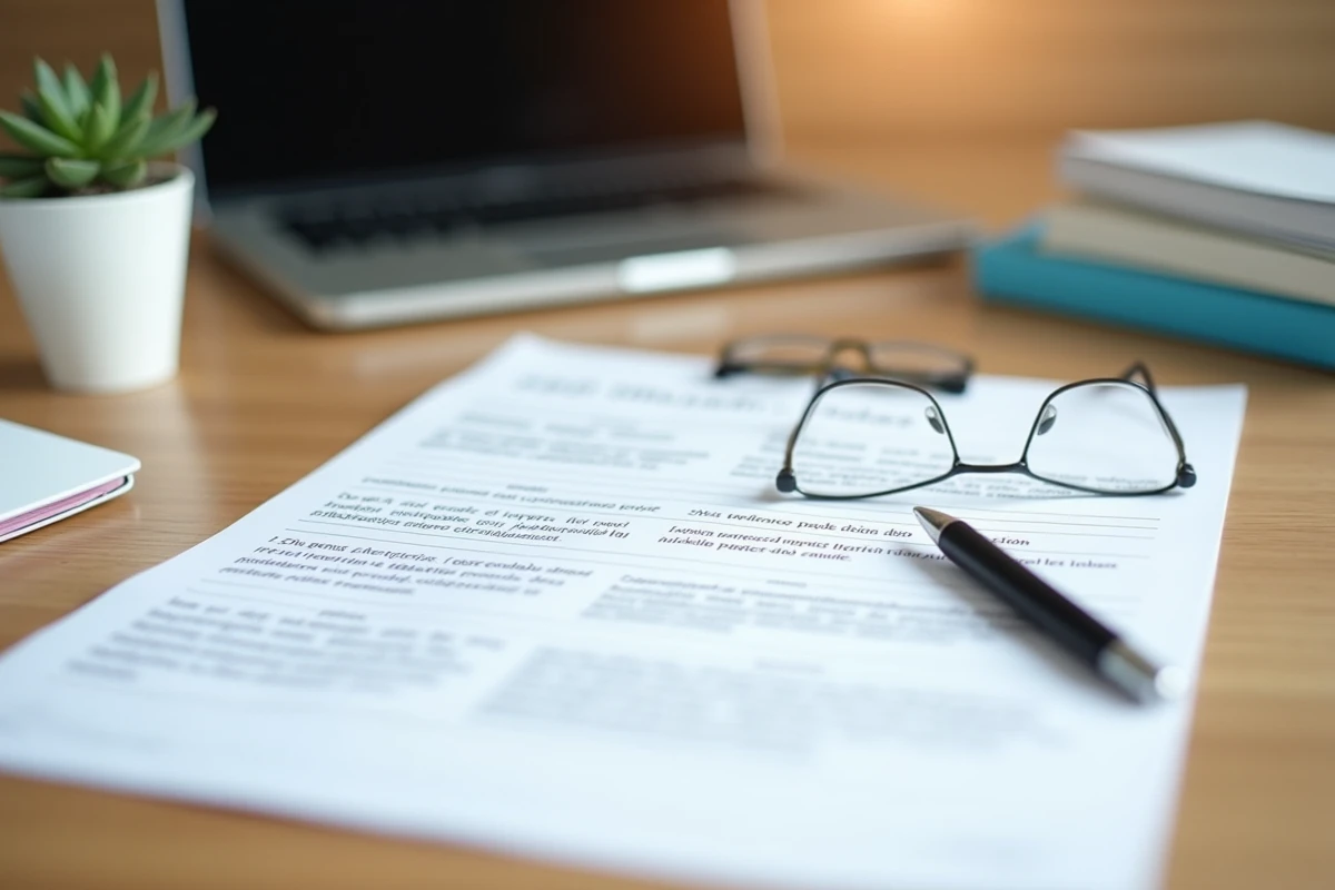 Gros plan d'un document d'appréciation de stage manuscrit posé sur un bureau en bois avec stylo et lunettes