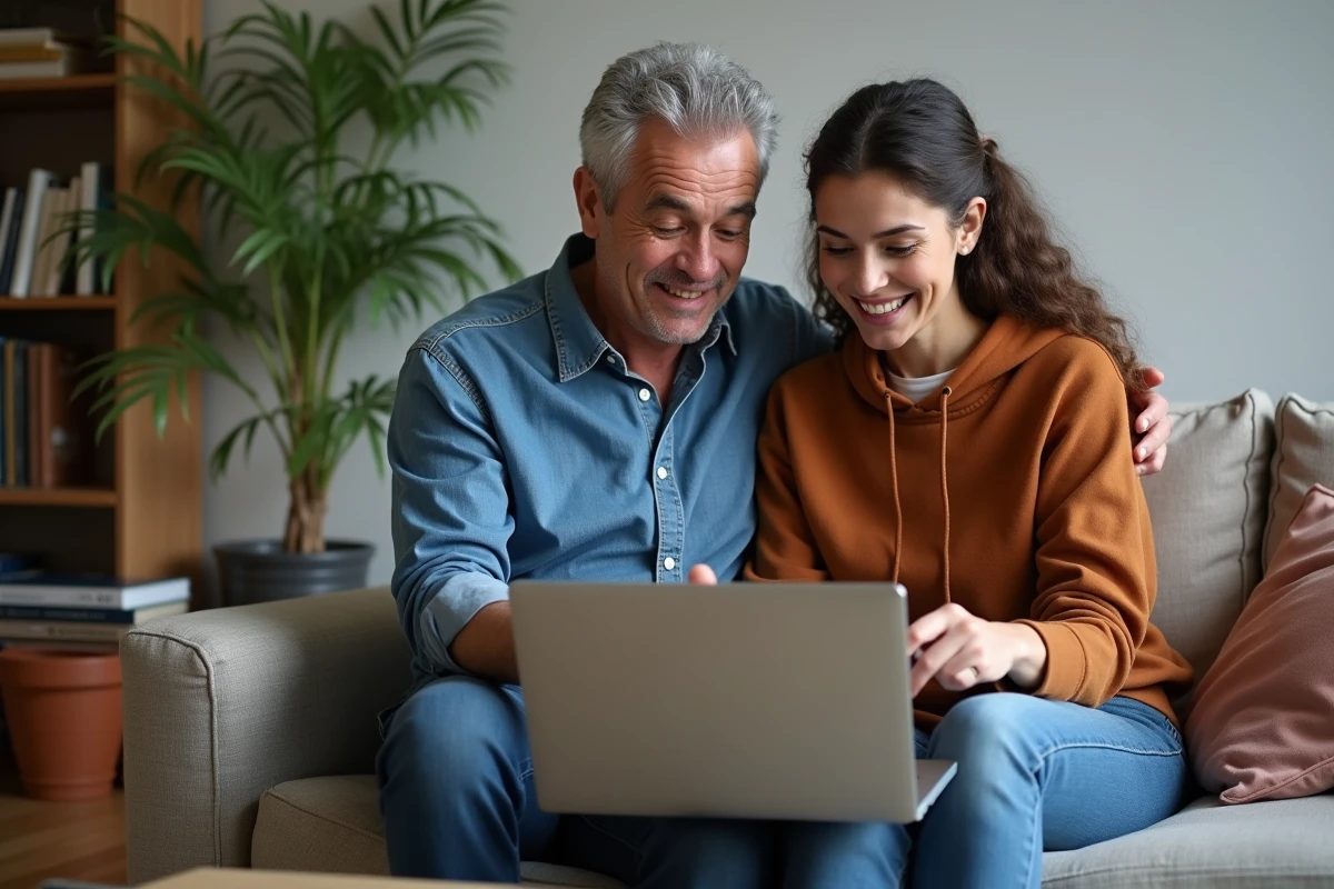Deux adultes choisissant ensemble une formation bricolage en ligne sur un canapé dans un salon confortable