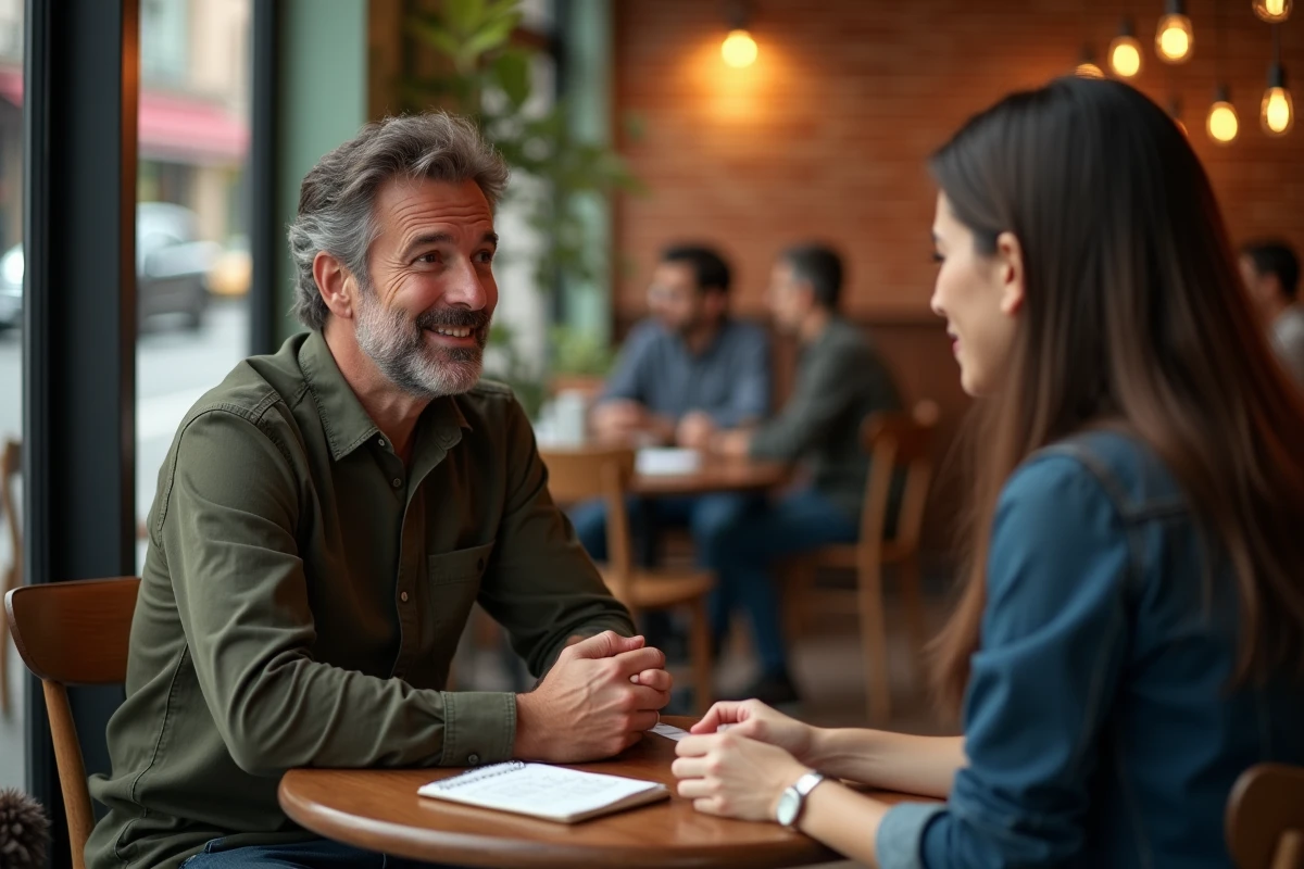 Deux personnes pratiquant l'espagnol dans un café avec des notes sur le conditionnel présent posées sur la table