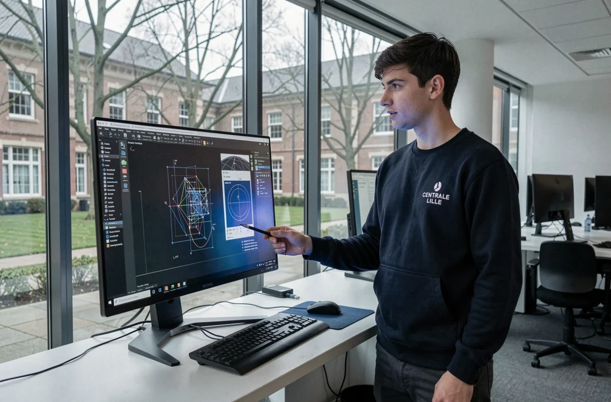 Étudiant de l'École Centrale Lille présentant une modélisation CAO sur écran dans un laboratoire informatique moderne avec vue sur le campus