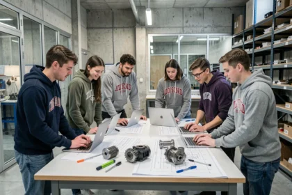Étudiants en école d'ingénieurs dans le Nord de la France travaillant ensemble autour de maquettes et d'ordinateurs portables dans un laboratoire universitaire moderne