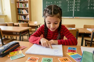 Jeune élève de CE2 pointant la table de 8 sur un cahier posé sur un bureau scolaire en bois entouré de cartes de multiplication colorées