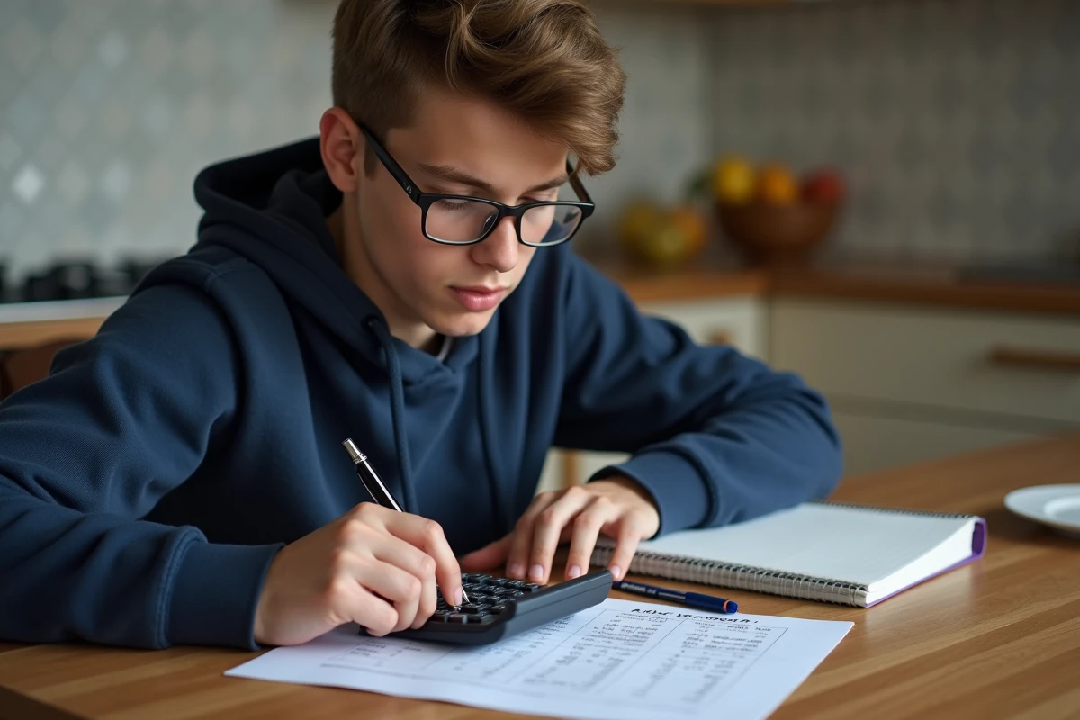 Jeune lycéen utilisant une calculatrice à la maison