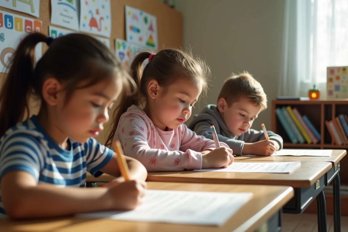 Trois élèves de CE2 travaillant sur des fiches de lecture adaptées à leur niveau en classe