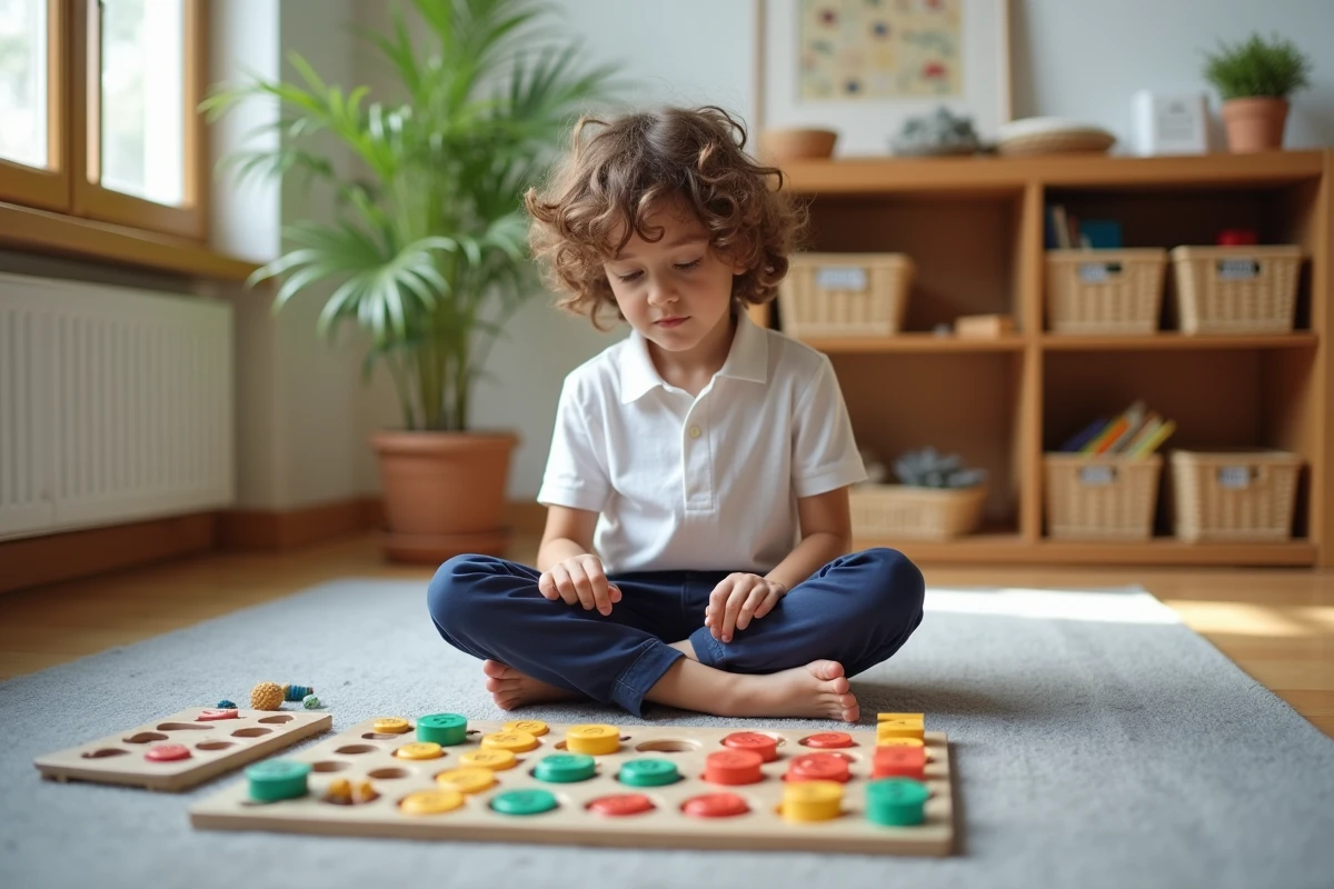 Enfant travaillant de manière autonome avec une table de multiplication Montessori sur un tapis gris dans un espace préparé à la maison