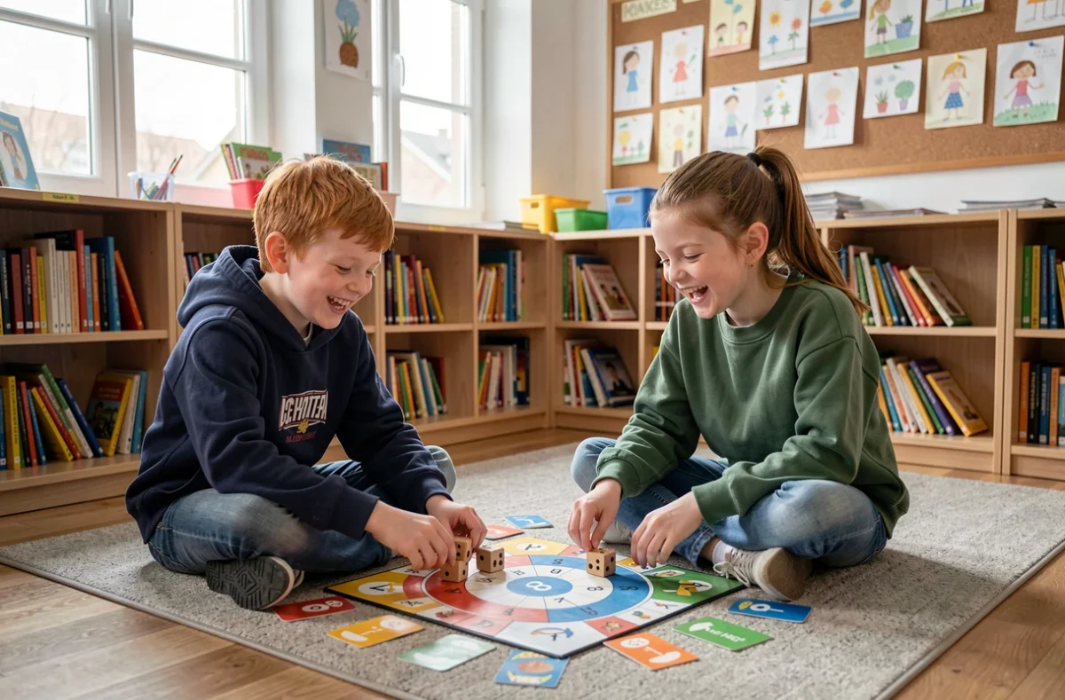 Deux enfants de CM1 jouant à un jeu de société ludique sur la table de 8 assis sur un tapis de lecture dans un coin classe coloré