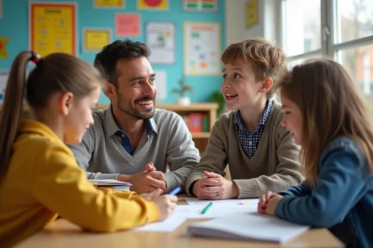 Enfants d'école primaire en classe inclusive avec enseignant