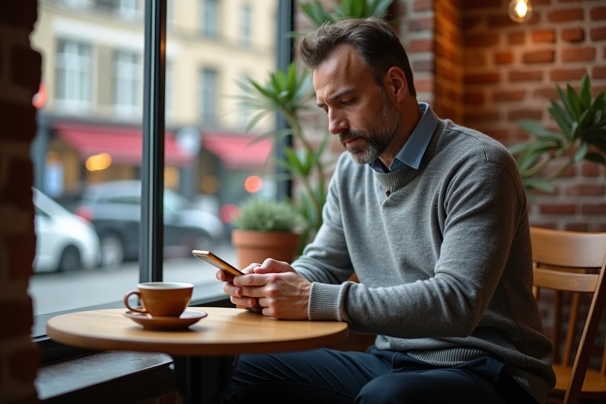 Enseignant accédant aux applications de l'Académie de Grenoble sur mobile depuis un café en ville