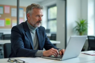 Professeur d'âge moyen travaillant à son bureau moderne