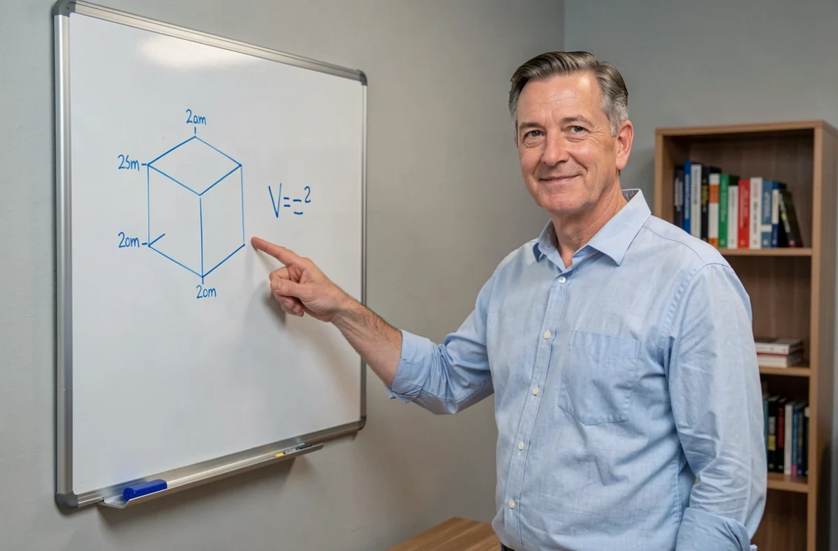 Enseignant de mathématiques expliquant la formule du volume d'un cube devant un tableau blanc dans une salle de cours