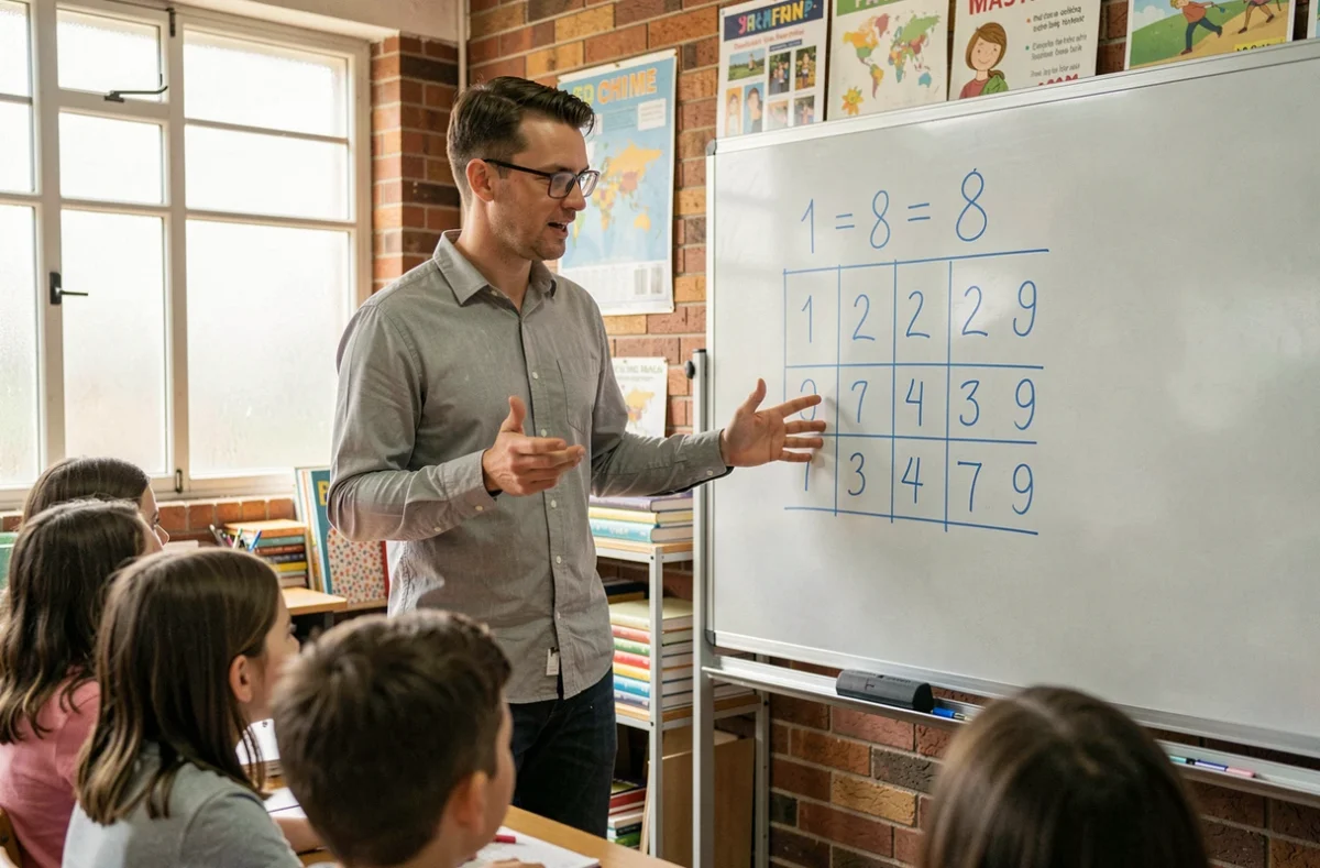 Enseignant du primaire expliquant la table de multiplication par 8 au tableau blanc devant des élèves de CE2-CM1 attentifs en classe