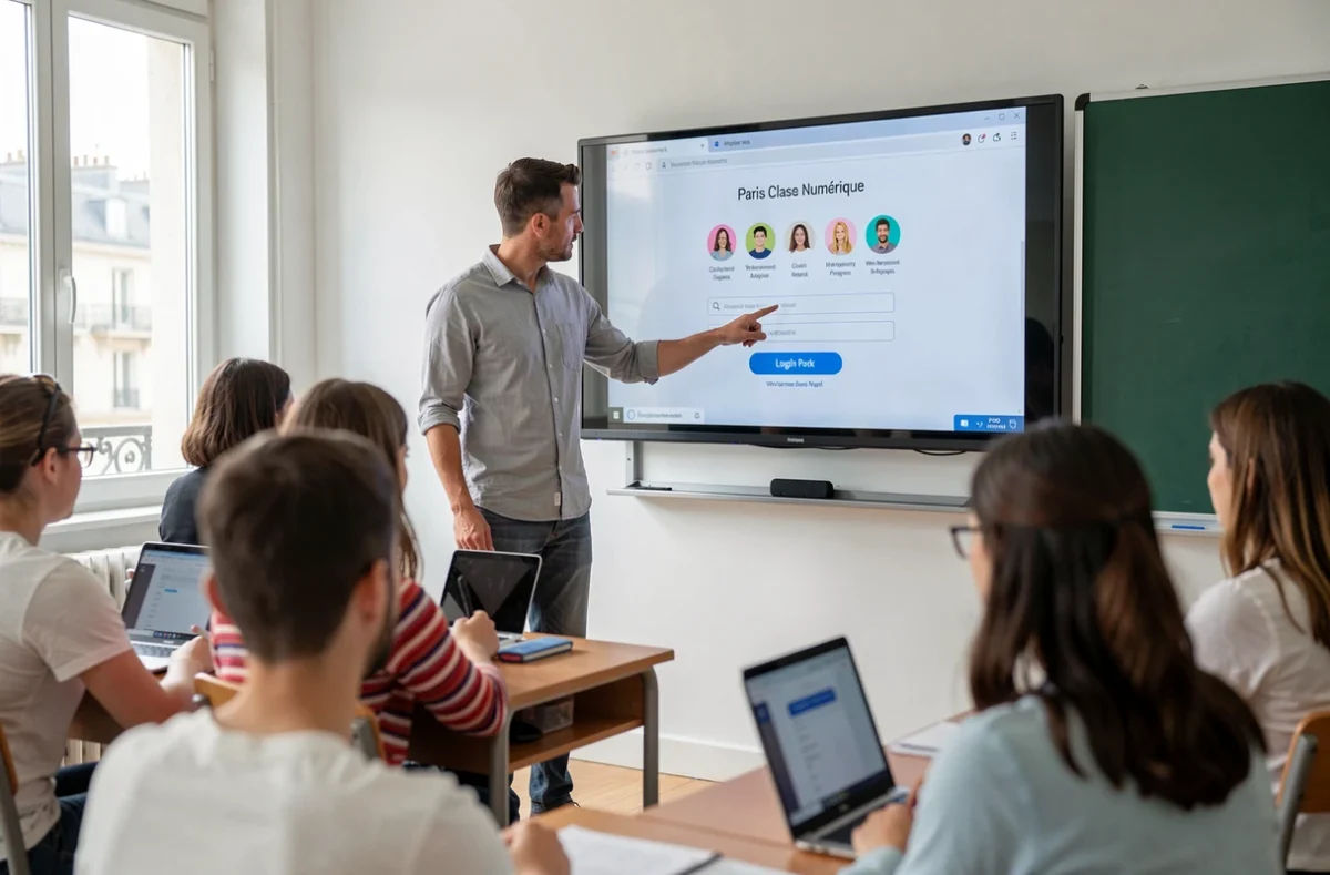 Enseignant présentant Paris Classe Numérique sur un tableau interactif dans une salle de classe moderne à Paris