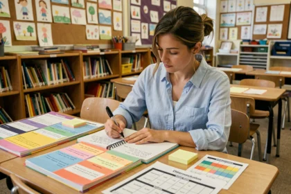 Enseignante annotant son cahier de préparation pédagogique avec des fiches de différenciation sur son bureau de classe