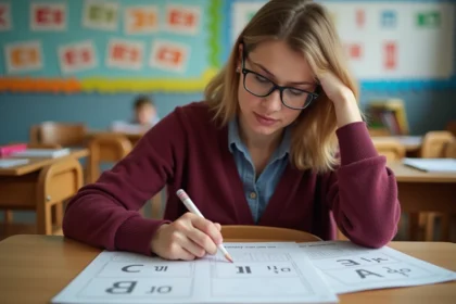 Enseignante de CE2 triant des fiches de lecture différenciées sur son bureau en classe