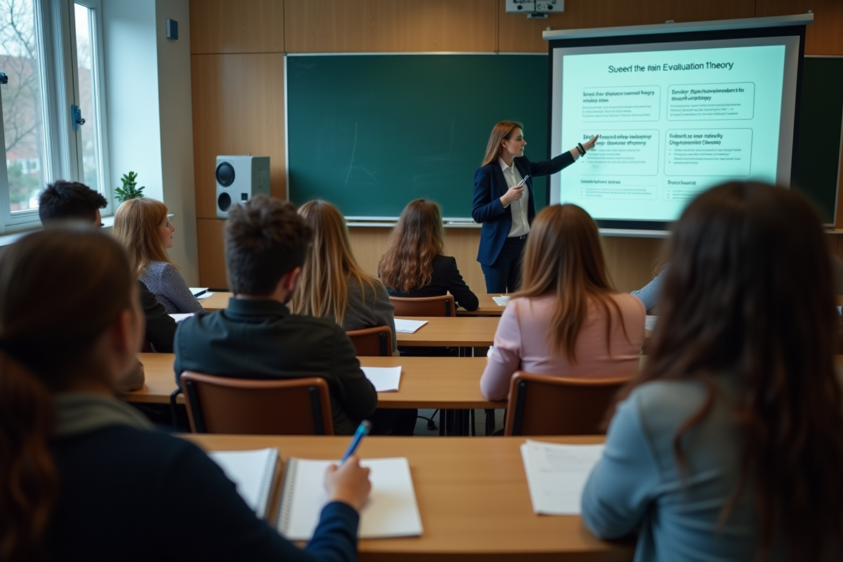 Professeure expliquant une theorie devant des étudiants attentifs