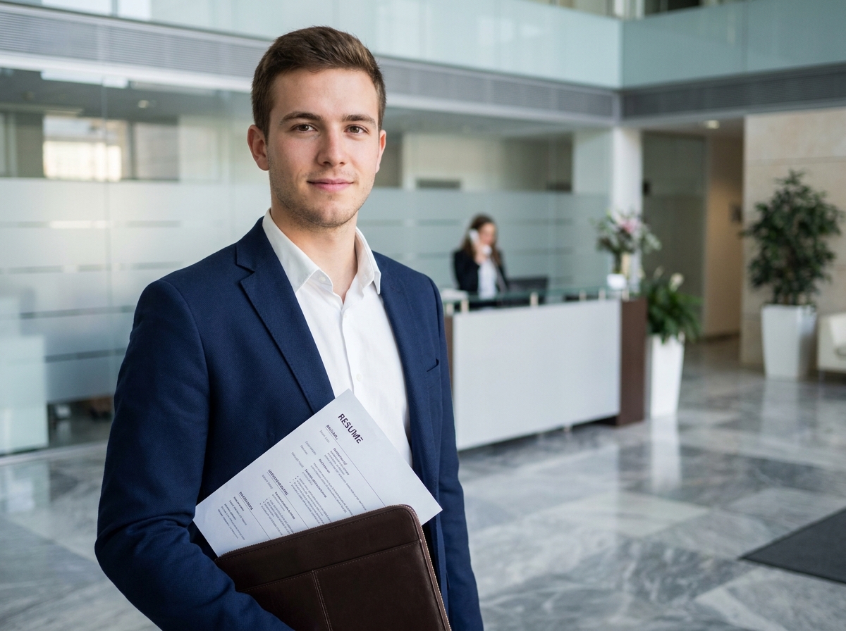 Jeune homme en costume tenant son CV avant un entretien de stage dans le hall d'une entreprise