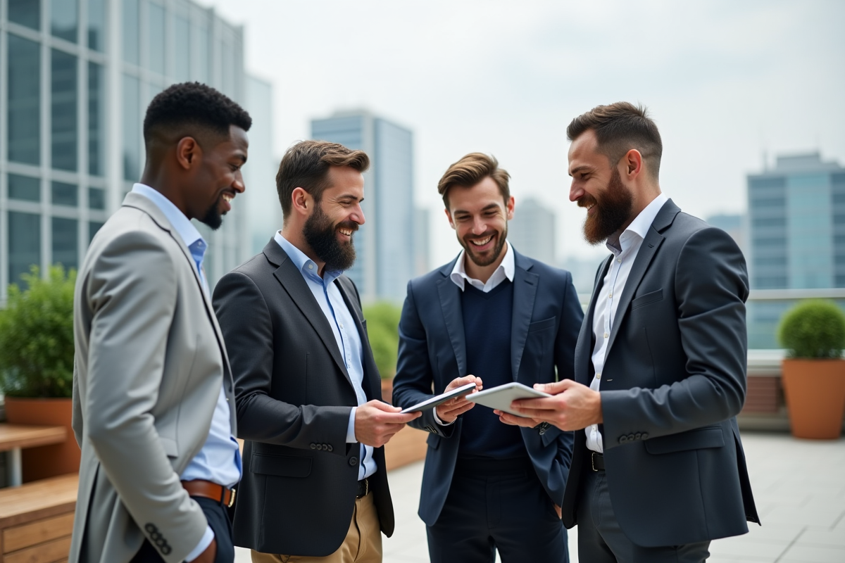 Groupe de professionnels discutant en extérieur sur une terrasse urbaine