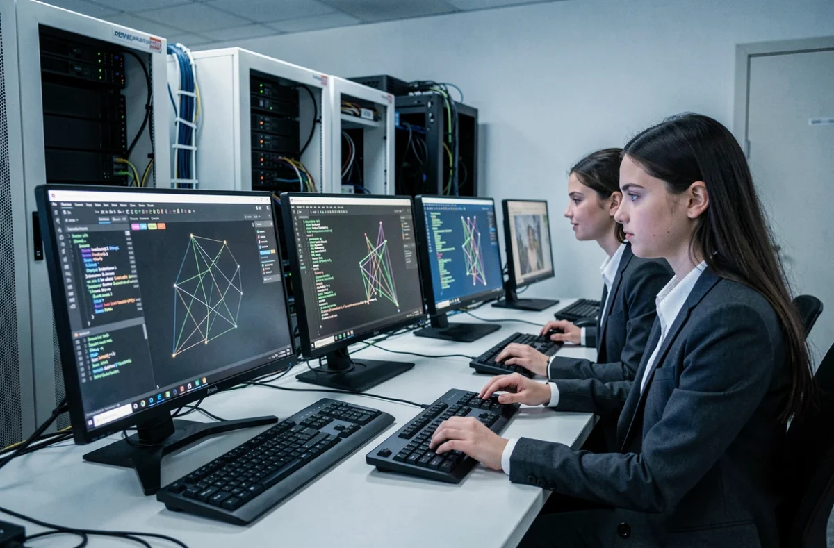 Deux étudiantes de l'ESME Lille travaillant sur une simulation de cybersécurité avec des postes multi-écrans dans le laboratoire numérique de l'école