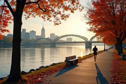 Vue panoramique de l'Esplanade de la Charles River à Boston en automne avec un joggeur et le Harvard Bridge en arrière-plan