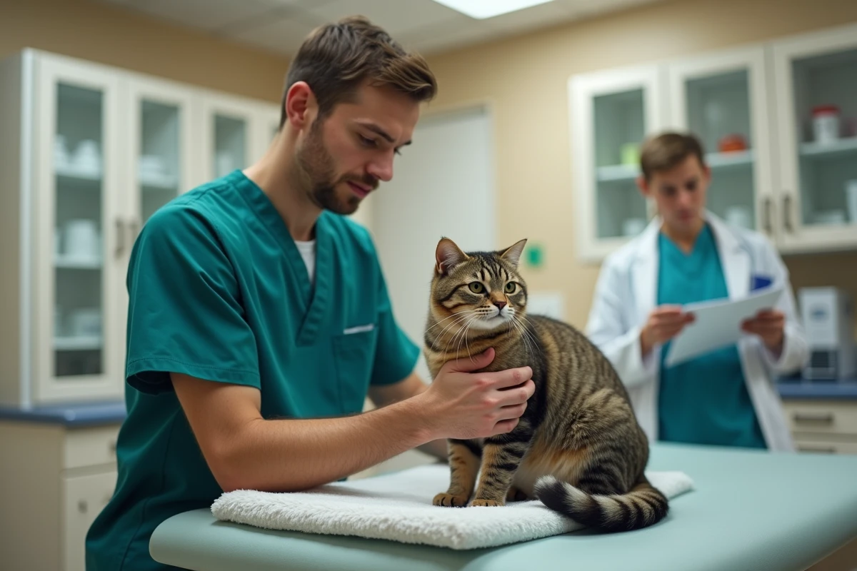 Étudiant ASV en alternance manipulant un chat lors d'un examen vétérinaire dans une clinique régionale