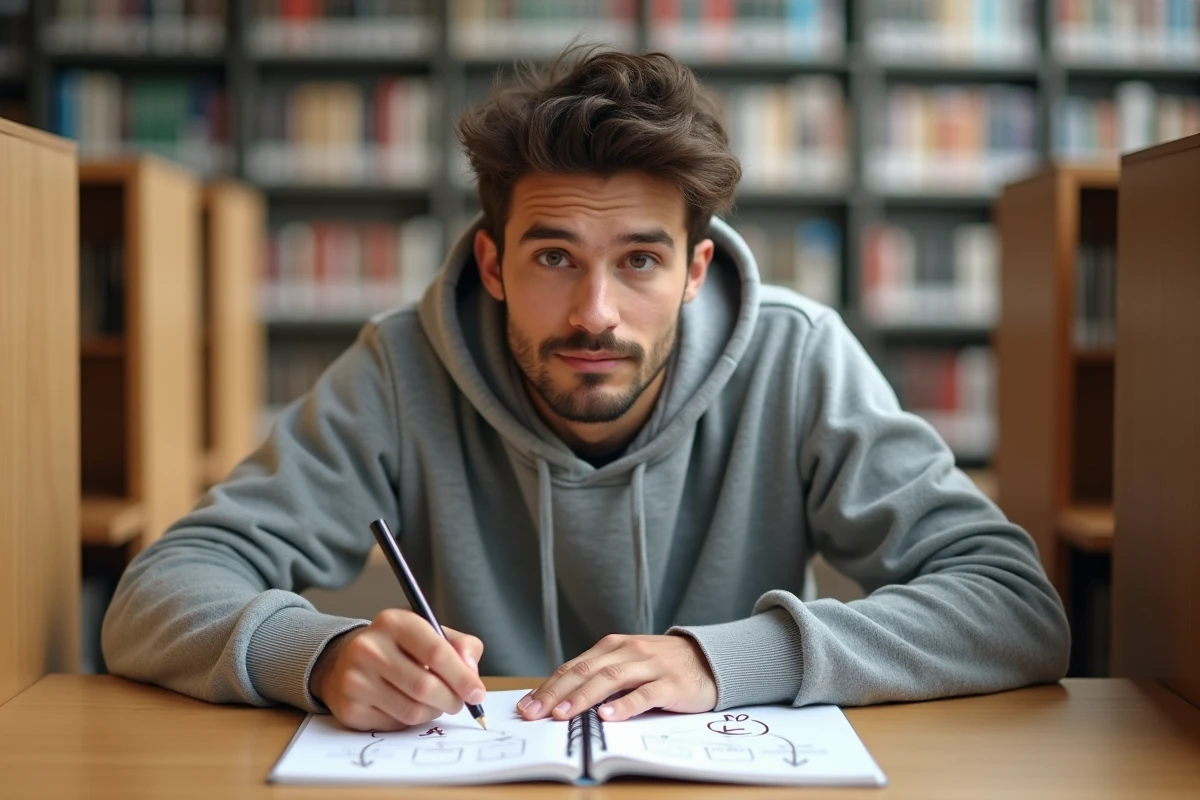 Étudiant en bibliothèque dessinant un diagramme de Venn avec les ensembles A et B pour résoudre un problème d'application mathématique