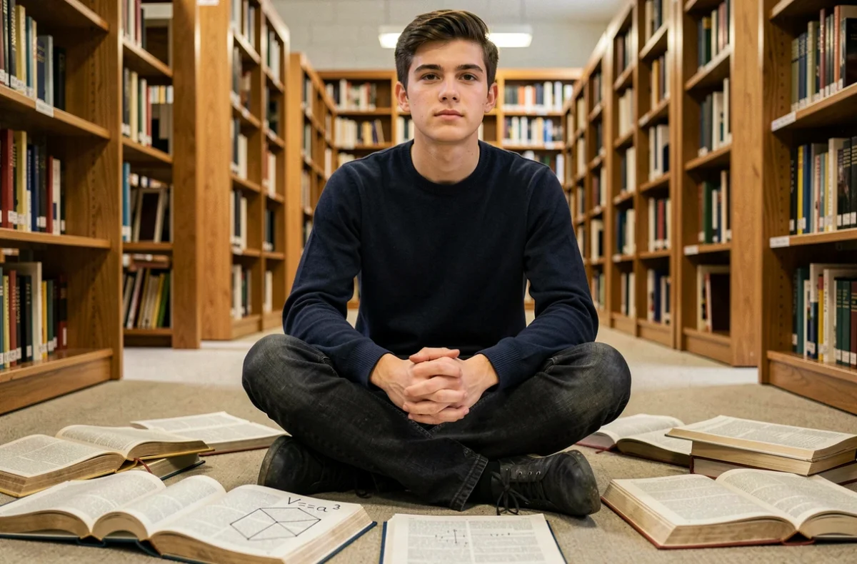 Étudiant universitaire entouré de manuels de mathématiques avec formule du volume d'un cube annotée, dans une bibliothèque