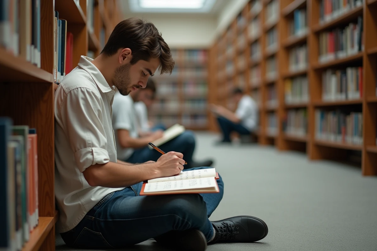 Étudiant en bibliothèque révisant ses notes et calculant sa moyenne avec coefficients dans un cahier
