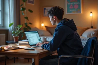 Jeune étudiant international remplissant une demande de bourse dans sa chambre