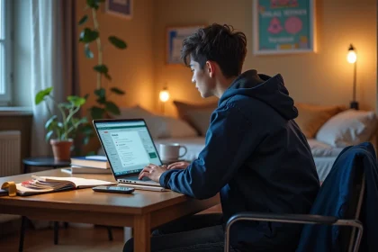 Jeune étudiant international remplissant une demande de bourse dans sa chambre