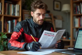 Jeune homme en veste de moto étudiant le code de la route moto sur un bureau encombré de notes et d'un ordinateur portable