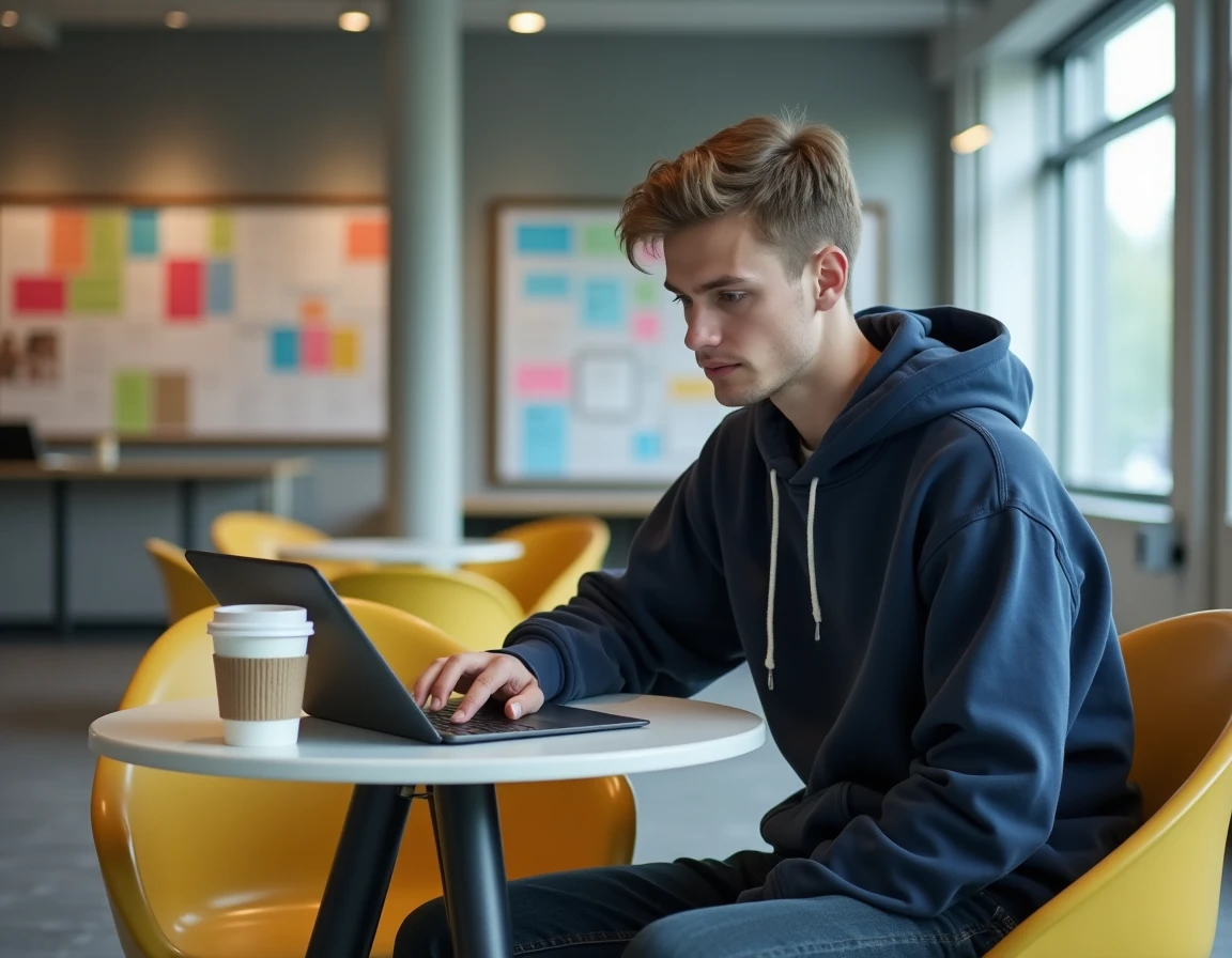 Étudiant connecté à l'ENT de l'université Artois sur sa tablette dans un espace commun moderne du campus