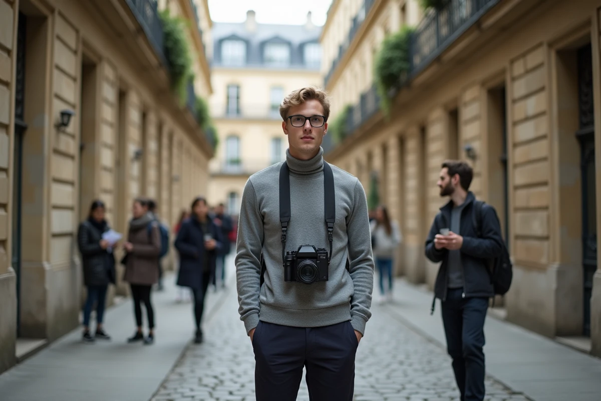 Étudiant photographe aux Gobelins en réseau dans une cour parisienne tenant un appareil photo, illustrant les débouchés professionnels et la vie étudiante