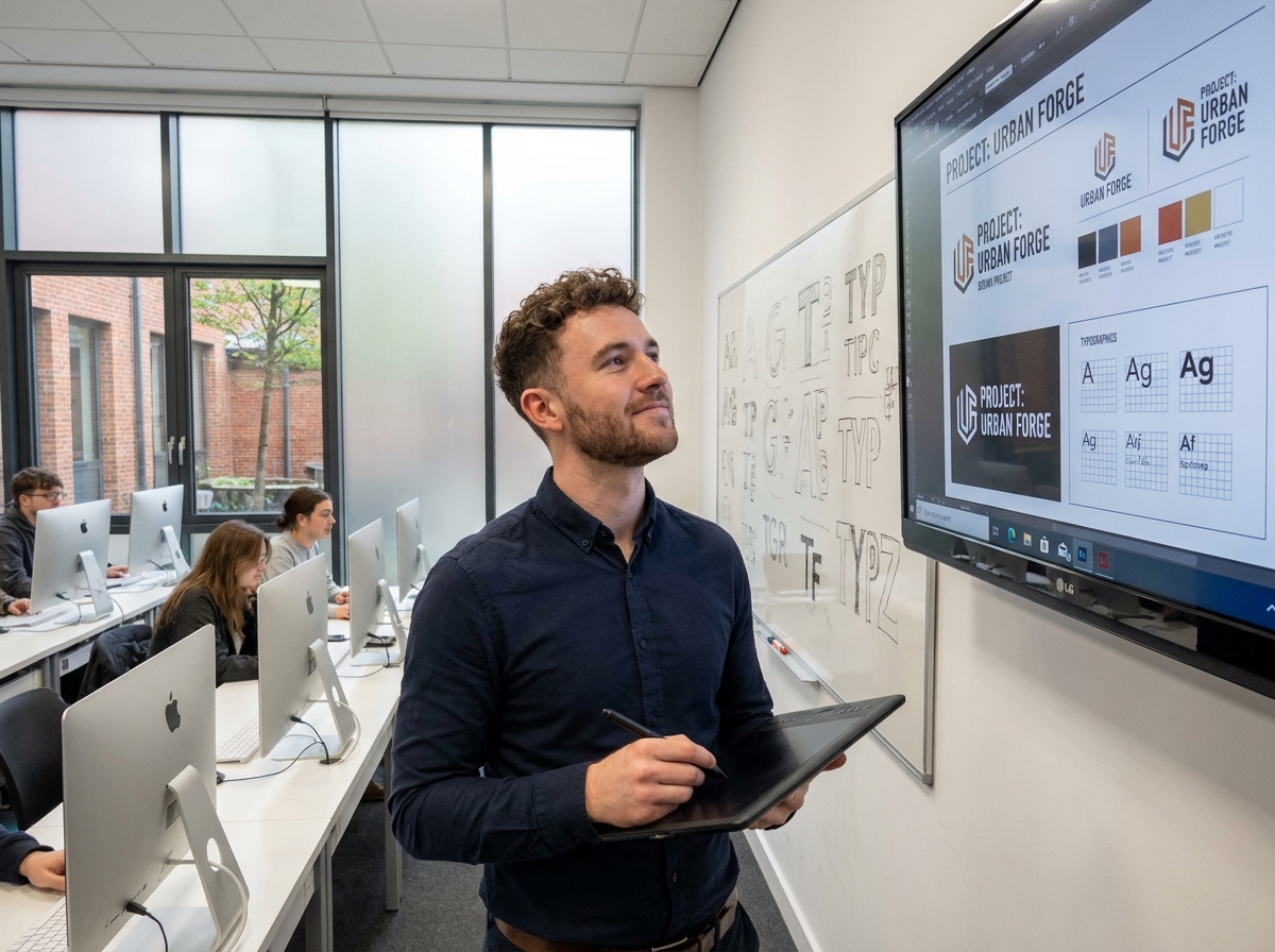 Étudiant en graphisme debout devant un écran de présentation de projet de branding dans une salle de cours professionnelle
