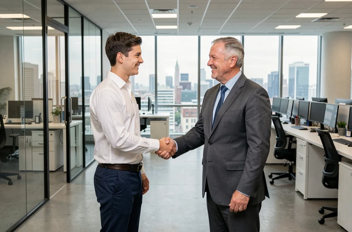 Étudiant en stage serrant la main de son maître de stage dans un bureau d'entreprise lors de la validation de son stage ESG
