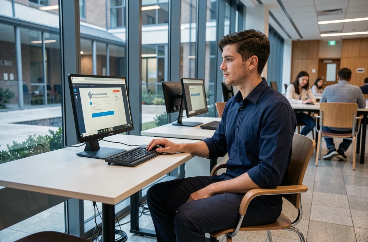 Étudiant masculin utilisant un ordinateur de bureau pour se connecter au portail étudiant Cristolink de l'UPEC dans un espace de travail universitaire moderne